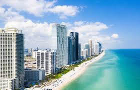 Miami city and ocean horizon on sunny day